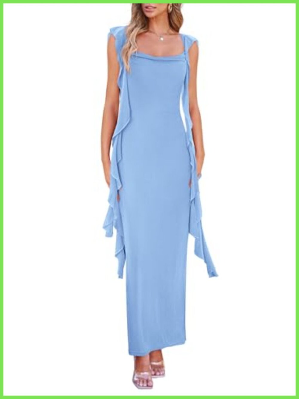 Women Ruffle Bodycon Maxi Dress Cap Sleeve Sweetheart Neckline Summer Formal